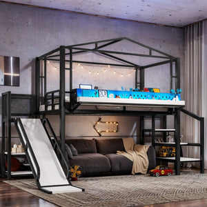 English Elm Twin Metal Loft Bed with Built-in Wardrobe Storage Stairs Led Lights and Usb Ports W5316S00045