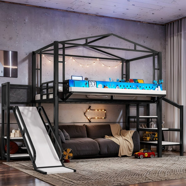 English Elm Twin Metal Loft Bed with Built-in Wardrobe Storage Stairs Led Lights and Usb Ports W5316S00045