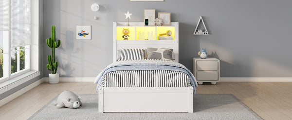 English Elm Twin Wood Storage Bed with Led Headboard Drawers and Pull Out Cabinet for Kids White W2593S00048