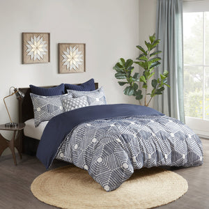 English Elm Full/Queen Ellipse Cotton Jacquard Duvet Cover Set Navy Geometric Clipped Texture with Shams, OEKO-TEX Certified, Reversible, Machine Washable B035129131
