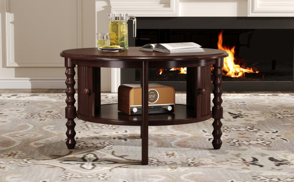 English Elm Vintage Round Coffee Table With Hidden Storage - Mid Century Modern Accent Table For Small Spaces N735P277387D-GIGA