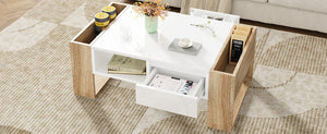 English Elm ON-TREND High Gloss Coffee Table with 2 Drawers, Hidden Compartment, Open Shelf, Modern Luxury Finish White+Natural N721P205792K
