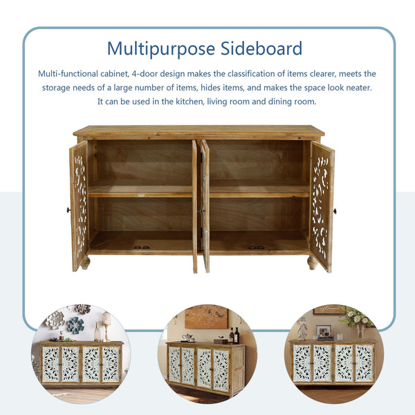 English Elm Accent Distressed Cabinet with 4 Doors - Farmhouse Sideboard Buffet, Carved Floral Fronts, Slim Storage for Entryway W2295P246504