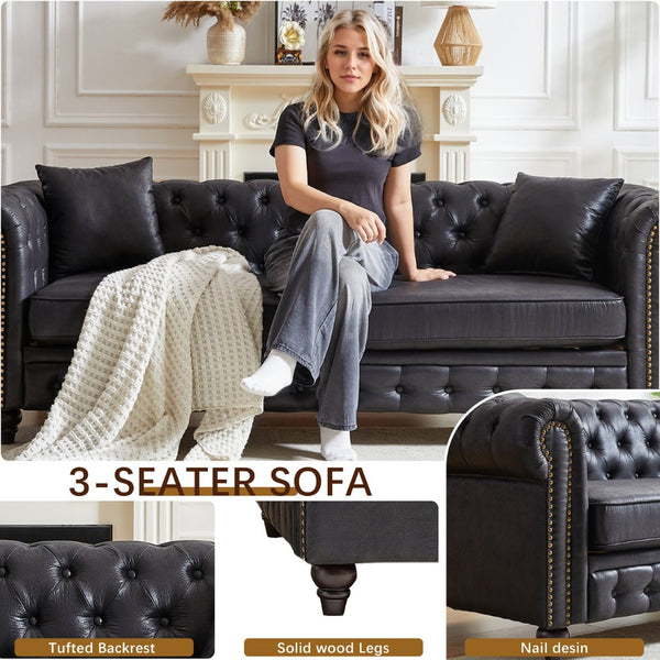 English Elm Fx Chesterfield Sofa Hand Tufted Tech Fabric Three Seat Living Room Couch Black W1926S00109