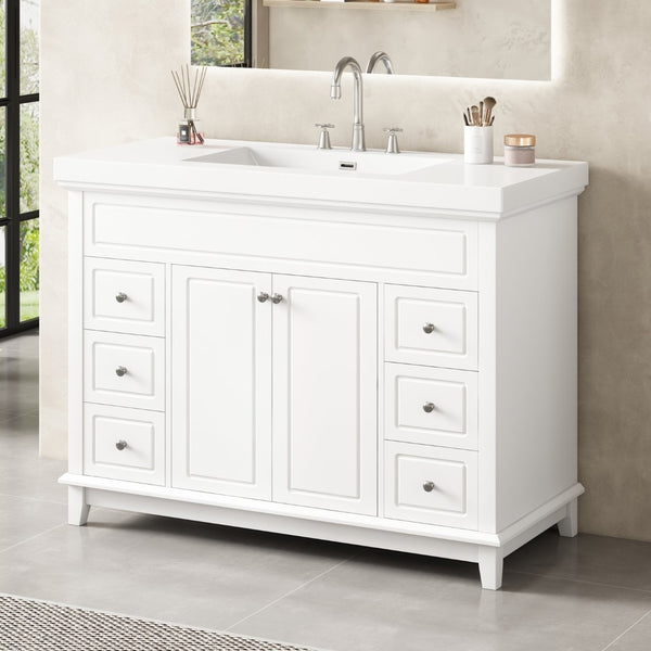 English Elm [video] 48 Inch Freestanding Bathroom Vanity Pine Legs Resin Sink Six Soft Close Drawers N759S351752K