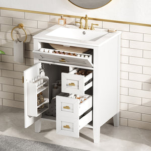 English Elm "24'' 24 Inch Glossy Freestanding Bathroom Vanity with Gold Hardware and Soft Close Storage White Rubberwood N725P448529K