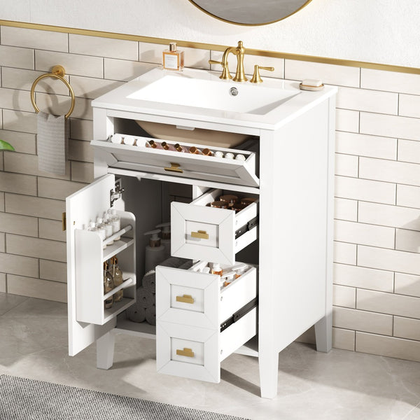 English Elm "24'' 24 Inch Glossy Freestanding Bathroom Vanity with Gold Hardware and Soft Close Storage White Rubberwood N725P448529K