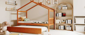 English Elm Twin House Bed with Pull Out Trundle Solid Pine Wood Frame Walnut Kids Room N708P309238L