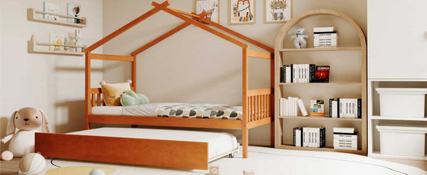 English Elm Twin House Bed with Pull Out Trundle Solid Pine Wood Frame Walnut Kids Room N708P309238L