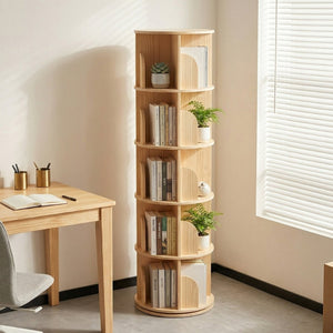 English Elm 3 Tier Spinning Round Bookcase Natural Wood Floor Shelf for Bedroom or Study W2989P460331