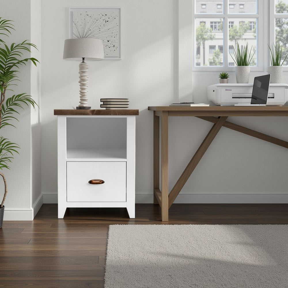 English Elm 22 Inch One-Drawer File Cabinet in Jasmine Whitewash & Barnwood Finish, Fully Assembled, Oil-Rubbed Bronze Hardware, Shelf-Friendly Storage B108131546