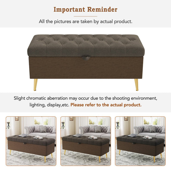 English Elm Modern Boucle Tufted Storage Ottoman Bench with Gold Legs for Bedroom or Entryway Coffee N719P305620D