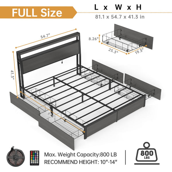 English Elm Full Metal Bed Frame with Rgb Led Headboard Shelving and Built-in Charging Ports T3963P483019