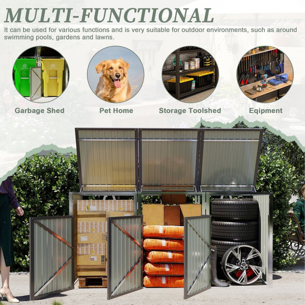 English Elm Garbage Bin Shed Galvanized Steel Enclosure Fits Three Cans with Lockable Waterproof Lid Light Gray W1598P357717