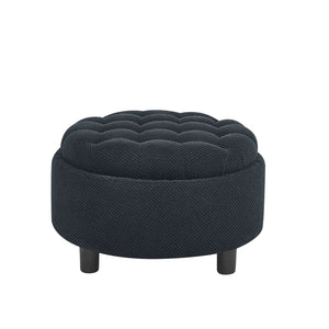 English Elm 25 Inch Round Fabric Pouf Ottoman with Removable Wooden Lid and Hidden Interior Storage Black W5568P461346