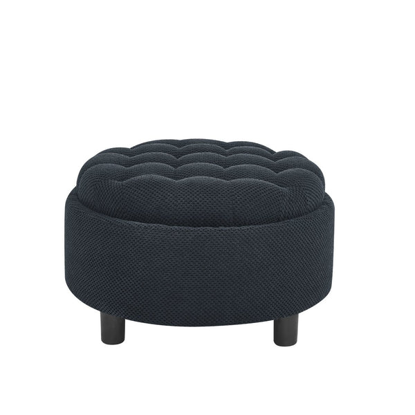 English Elm 25 Inch Round Fabric Pouf Ottoman with Removable Wooden Lid and Hidden Interior Storage Black W5568P461346