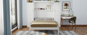English Elm Queen Murphy Bed with 2 Wardrobes & Foldable Platform, Space-Saving White Queen Bedframe 650lbs N733S339767K