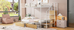 English Elm Twin Metal Bunk Bed Twin-Over-Full with Built-In Drawer, Ladder Storage, Wardrobe & Trundle Utility White SF000174AAK