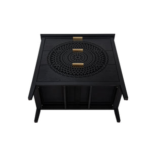 English Elm 3 Drawer Cabinet with Hollow Carved Accents, Solid Pine Feet, Gold Handles & Smooth Metal Slides — Elegant Storage for Entryway Bedroom Living Room Black W688138995