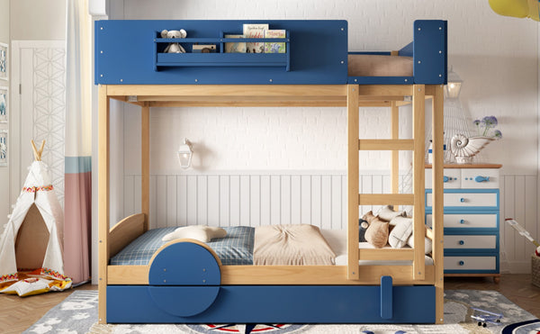 English Elm Full Bunk Bed with Trundle Bookshelf Storage Pine Frame Car Design for Kids Blue,Natural W1580S00445