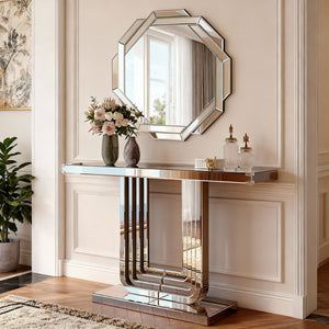 English Elm Mirrored Console Table Silver Glam Entryway Piece with Geometric U Base and Etched Detail W1445P370476