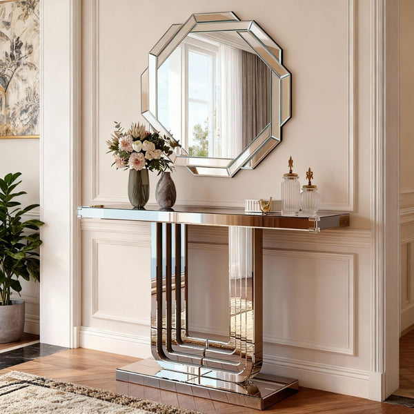 English Elm Mirrored Console Table Silver Glam Entryway Piece with Geometric U Base and Etched Detail W1445P370476