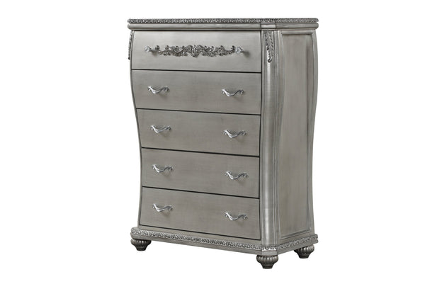 English Elm Destiny 5-Drawer Chest Silver Finish — Elegant Solid & Manufactured Wood Storage with Metal Pulls, Spacious Organization B009P234702
