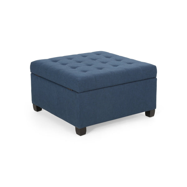 English Elm Christopher Knight Home® - ISABELLA Upholstered Storage Ottoman with Tufted Lid, Soft-Close Hinge, Birch Legs, 32" Square Navy Blue 52528.00FNBLU