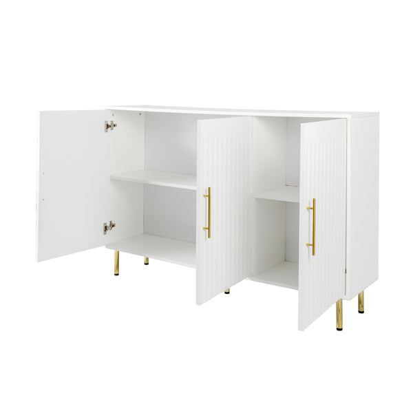 English Elm 3-Door Fluted Sideboard with Gold Handles, 55" White Buffet Cabinet for Kitchen Dining Living Room W2282P220597