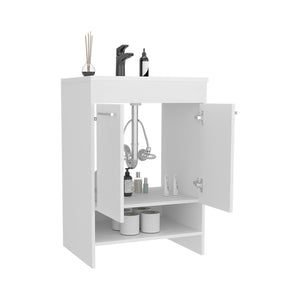 English Elm Lorenzo 60 cm White Floor Vanity with 4 Drawers & 2 Open Shelves — Compact Kronos Finish, Freestanding Storage B200P362050