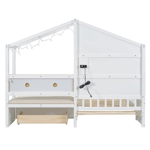 English Elm Twin House Bed Frame with Sofa Seating Led Lighting Drawers and Wireless Charging LP000521AAK-1
