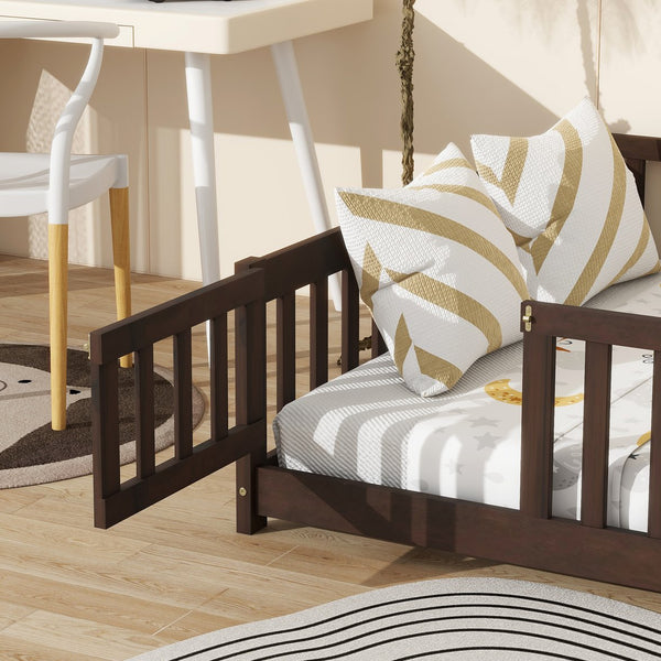 English Elm Full Size Floor Bed With Safety Fence & Door - Eco-Friendly Rubberwood Frame In Rich Espresso Finish W504P286381