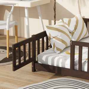 English Elm Full Size Rubberwood Floor Bed with Safety Guardrails and Latching Door for Toddlers Espresso W504P429302