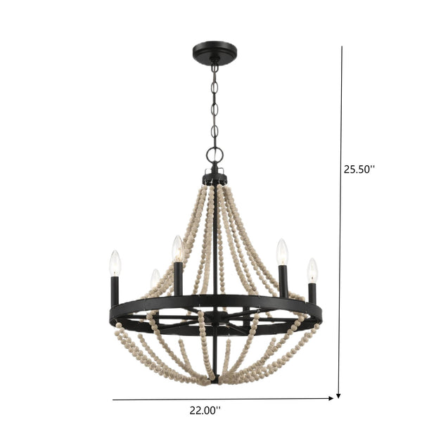 English Elm Ashcroft Furniture - Starry Rustic Wood Chandelier - Six Candle Beaded Pendant Light in Black & Natural Wood for Dining Room B183P231773
