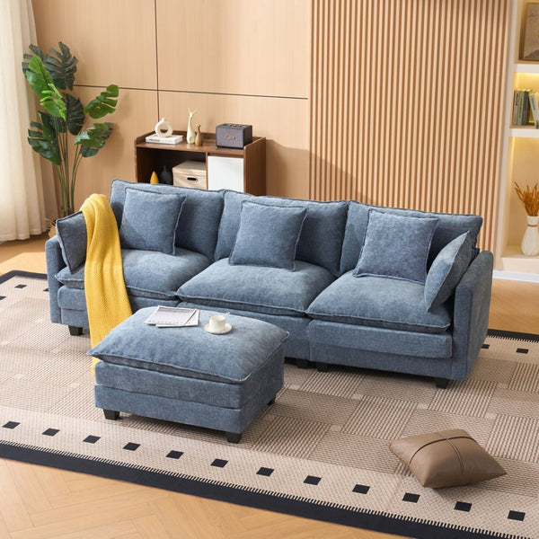 English Elm Beige Chenille Sectional Sofa with Modular Ottoman for Living Room or Studio Blue W2603S00007