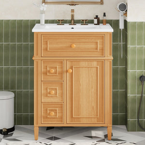 English Elm 24" Solid Pine Bathroom Vanity Cabinet with Ceramic Sink Soft Close Drawers N725P375500N
