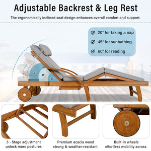 English Elm U_style Acacia Wood Outdoor Chaise Lounger with Reclining Backrest Cushions and Side Tray Gray N711P415859E
