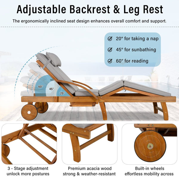 English Elm U_style Acacia Wood Outdoor Chaise Lounger with Reclining Backrest Cushions and Side Tray Gray N711P415859E