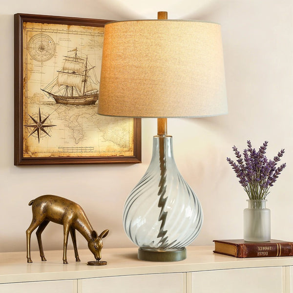 English Elm 28in Spiral Glass Column Table Lamp with Linen Shade for Bedroom or Office Decor W3355P443091