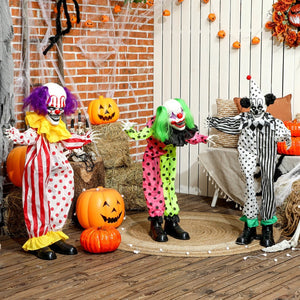 English Elm Halloween Animatronic Triple Clown Stack with Glowing Eyes Sound Activated Jumpscare T3971P381110