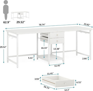 English Elm Computer Desk Two Person Wood Grain Workstation with Drawers for Shared Home Office White T3971P453460