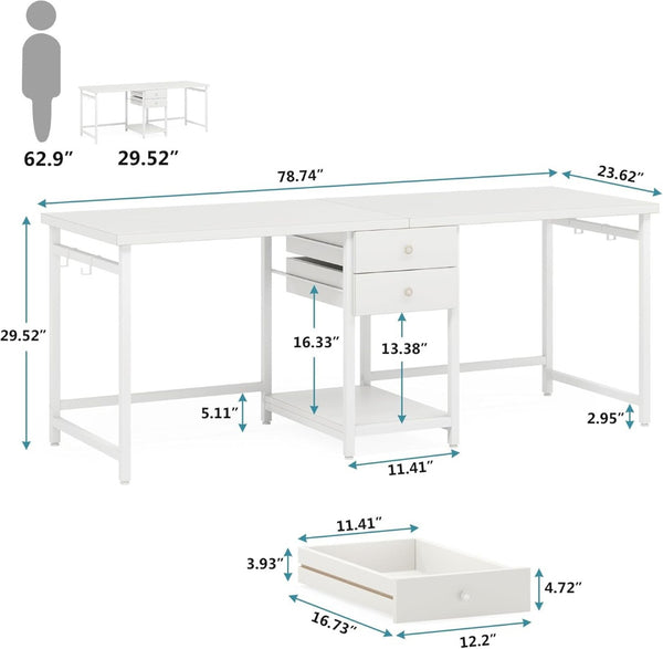 English Elm Computer Desk Two Person Wood Grain Workstation with Drawers for Shared Home Office White T3971P453460