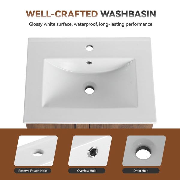 English Elm 24" Wall Mounted Bathroom Vanity Dark Oak Open Shelf Ceramic Sink Soft Close Door W3450P435834
