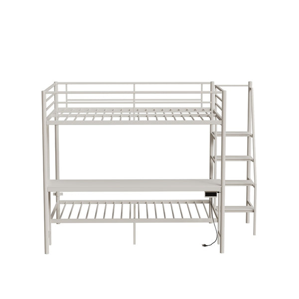 English Elm Black Metal Loft Bed with Built-in Desk Rgb Led Lighting and Charging Station White W1671S00010