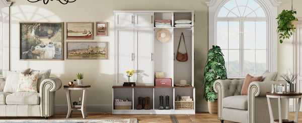 English Elm Farmhouse Hall Tree with Triple Arch Back Panel Eight Hooks Drawers and Entryway Bench White N721S000059K-1
