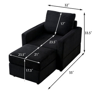 English Elm Classic Corduroy Chaise Lounge with Removable Backrest and Plush Ottoman, Stylish Living Room Seat Black W2186S00008