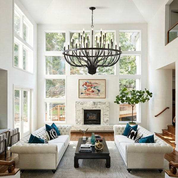 English Elm 36-light Matte Black Iron Candle Chandelier Farmhouse Industrial Style for Large Dining Rooms W5008P464944