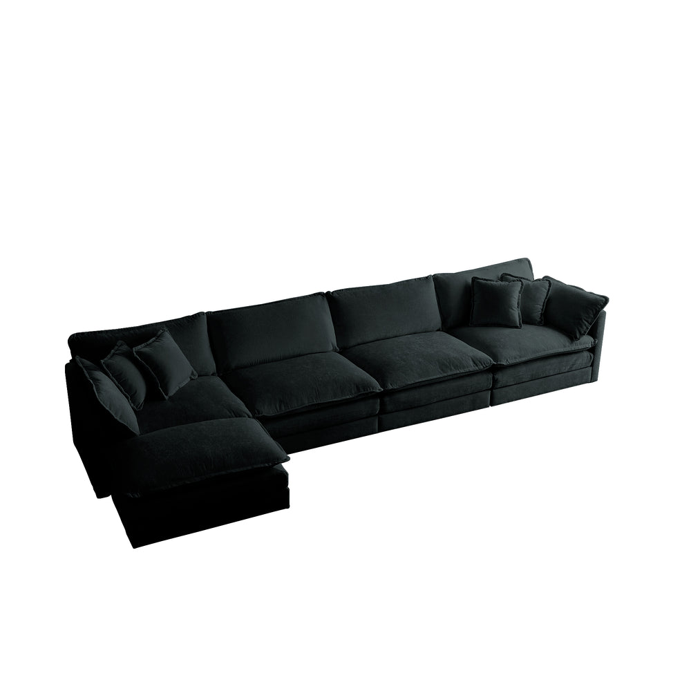 English Elm Modular Sectional Sofa with Ottoman | Convertible U-Shaped 5-Seater Chenille Upholstery, Cozy Comfort Black W714S00633