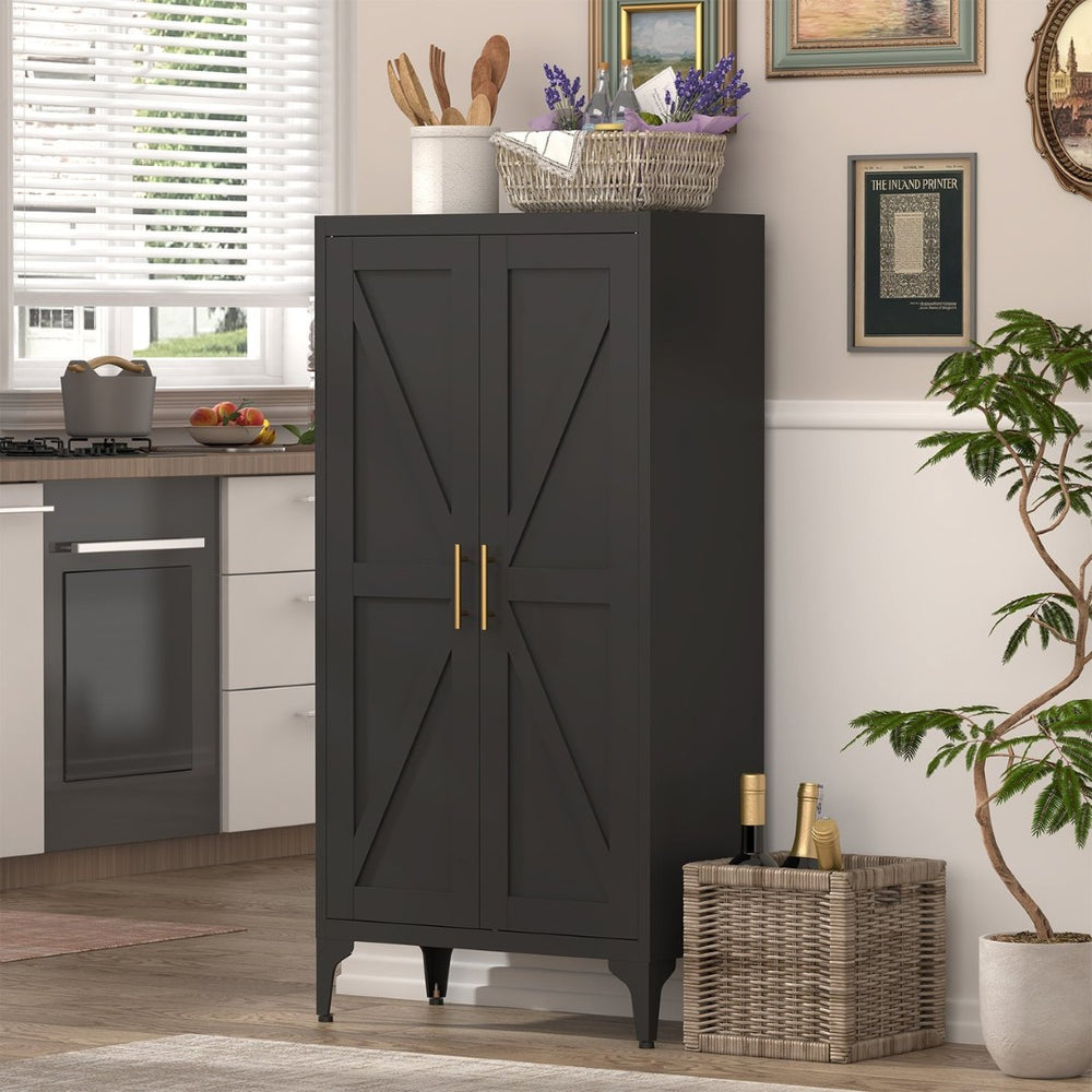 English Elm Metal Powder-coated Steel Pantry Cabinet with Adjustable Shelves and Gold Hardware Black T3625P390899