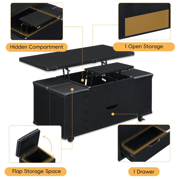 English Elm Christopher Knight Home® - Multi-Functional Lift-Top Coffee Table with Hidden Storage, 4 Stools, Lockable Casters & Desk Space Black N770P309783B